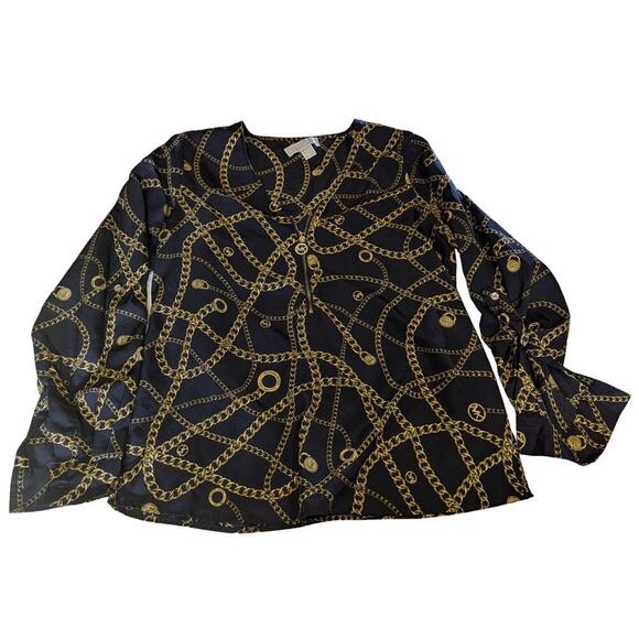 MICHAEL‎ MICHAEL KORS Gold Chain Print Partial Zip Popover Top Size 4 - Picture 1 of 6